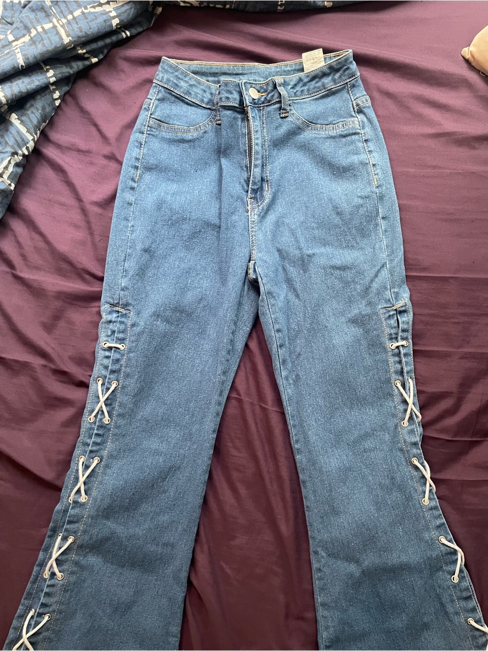 Blue Lace-Up Side Detail Women's Cotton Flare Jeans